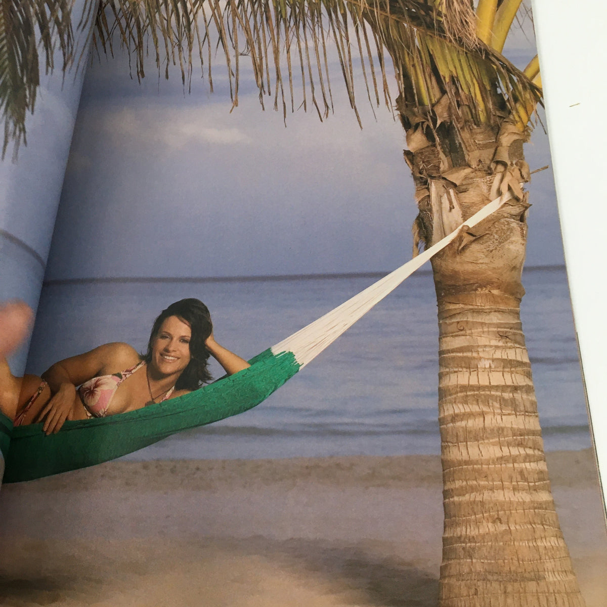 WWE Divas Magazine 2004 featuring a model posing in a hammock by the beach, depicting an iconic moment from the wrestling era with Torrie Wilson and Trish Cam.