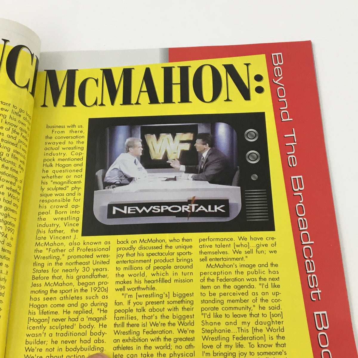 WWF Magazine January 1995 page featuring Vince McMahon discussing wrestling, highlighting promotional insights and industry commentary.
