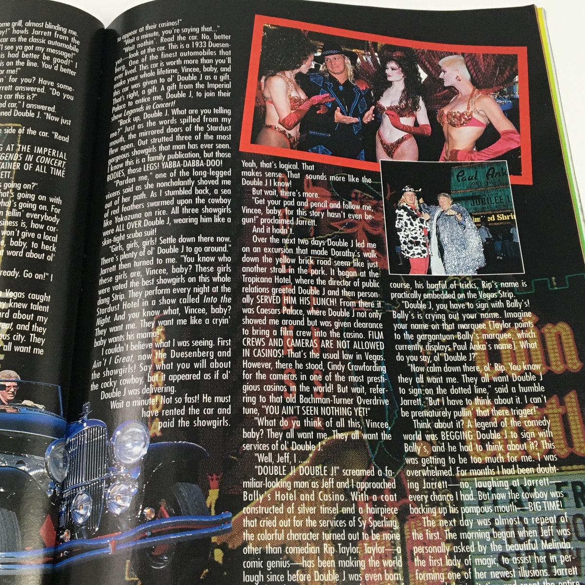 WWF Magazine January 1995 article page with text and images discussing wrestling shows and events, featuring a scene with wrestlers and entertainers.