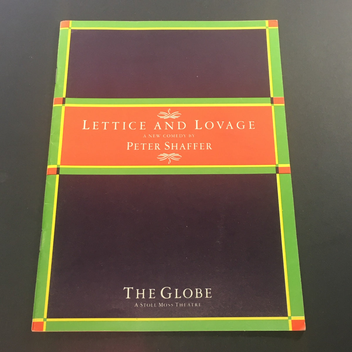 Cover of VTG The Globe Vol. III #6 1988 featuring Lettice and Lovage by Peter Shaffer, showcasing vibrant colors and a theater logo.
