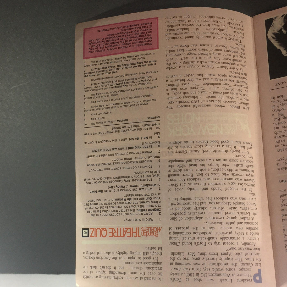 A page from VTG The Globe Vol. III #6 1988 displaying part of the editorial content, discussing the theater scene and presenting reviews, capturing the essence of the magazine.