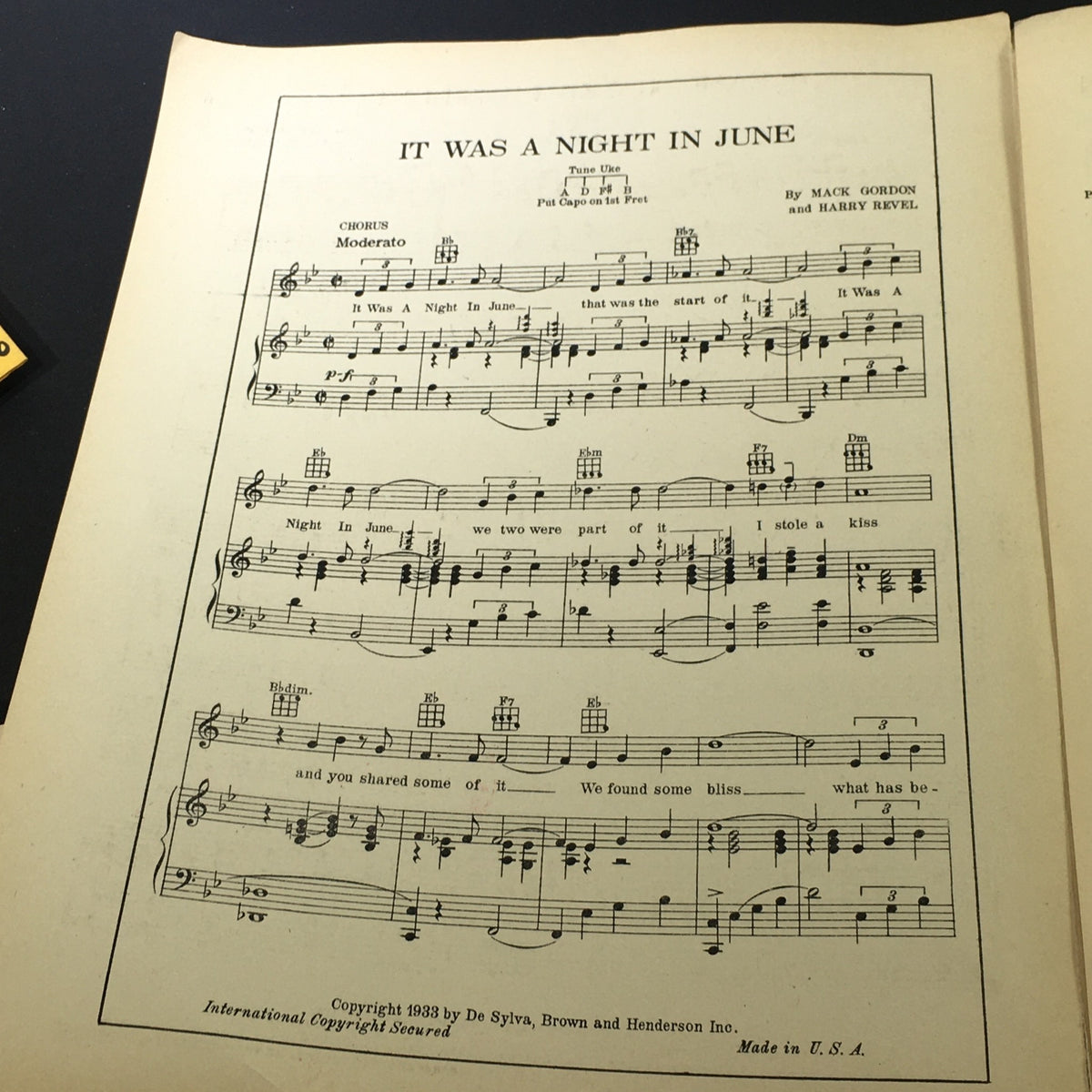 Interior page from the 1933 sheet music for 'It Was a Night in June' with lyrics and melody.