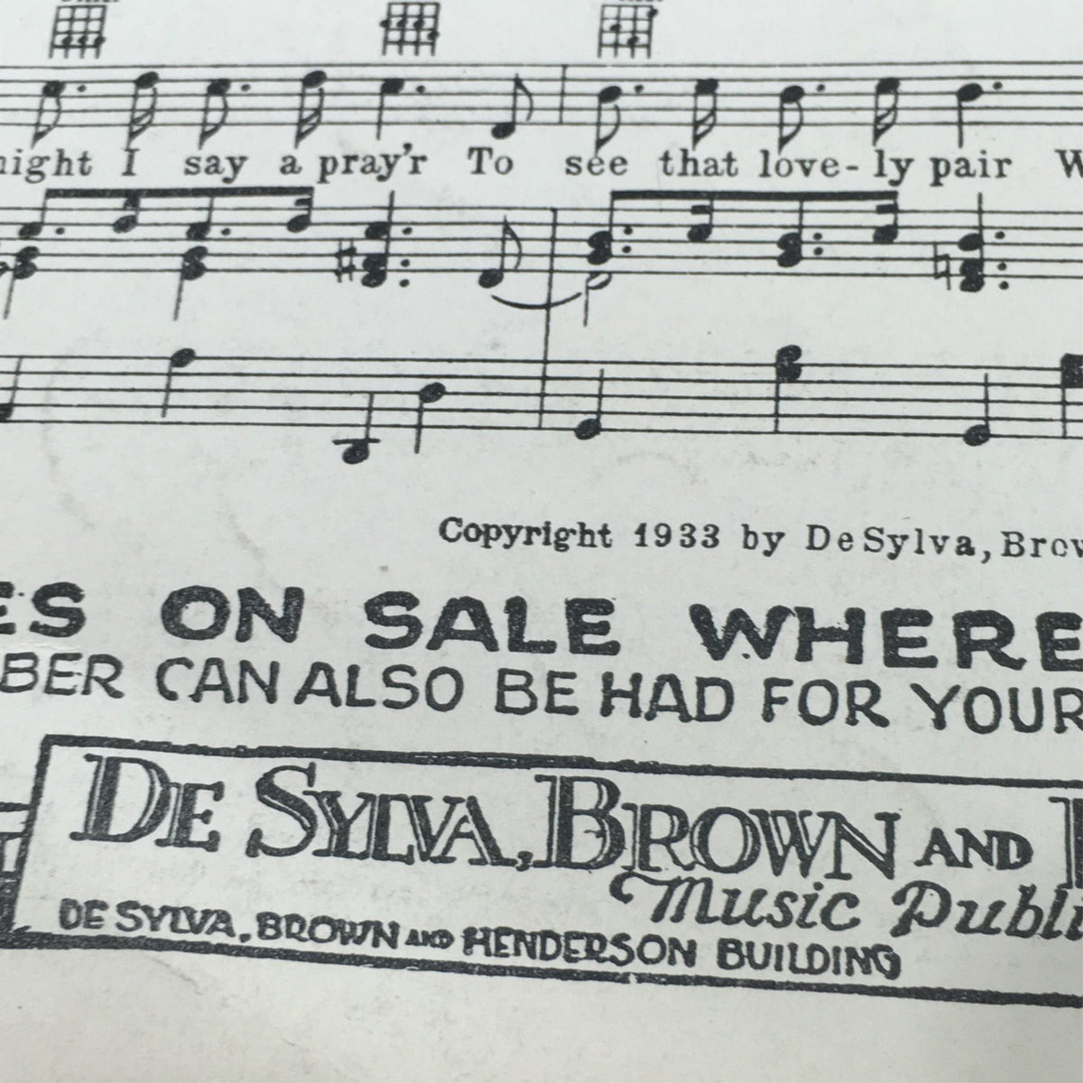 Close-up of the 1933 music sheet for 'Please Mister President' highlighting the copyright information and publishing details.