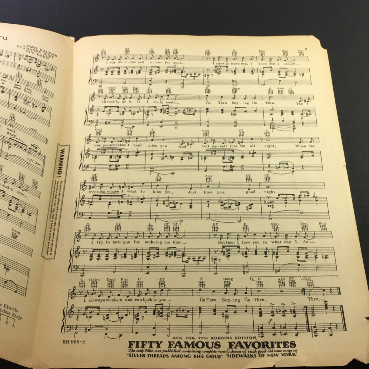 Inside page of the vintage sheet music for "I'm Thru Saying I'm Thru" displaying musical notes and lyrics, showcasing a piece from the early 1930s era.