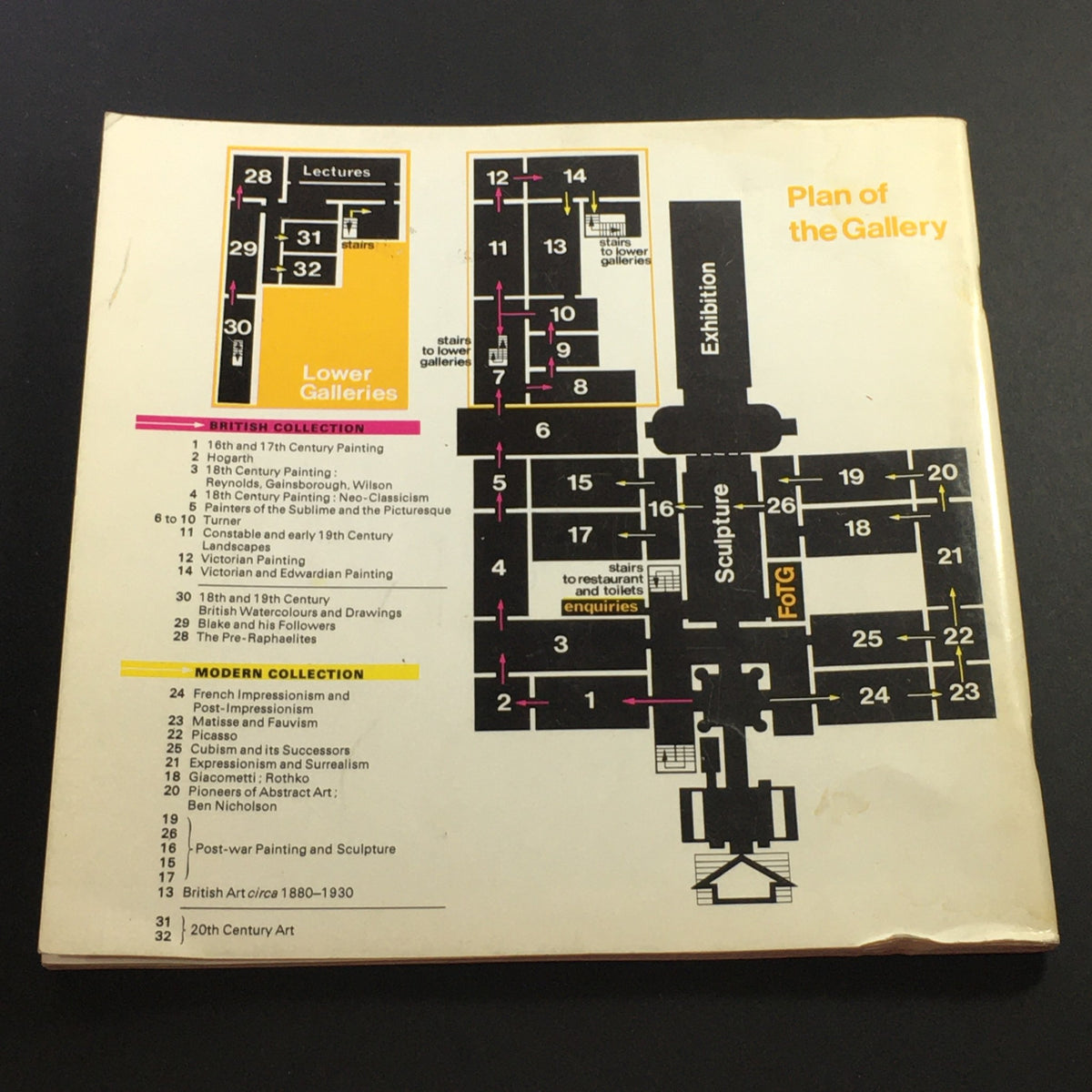 Plan of the Gallery from VTG 1970 Official Guide to the Tate Gallery, London featuring the British Collection, detailing exhibition layout and collection categories.