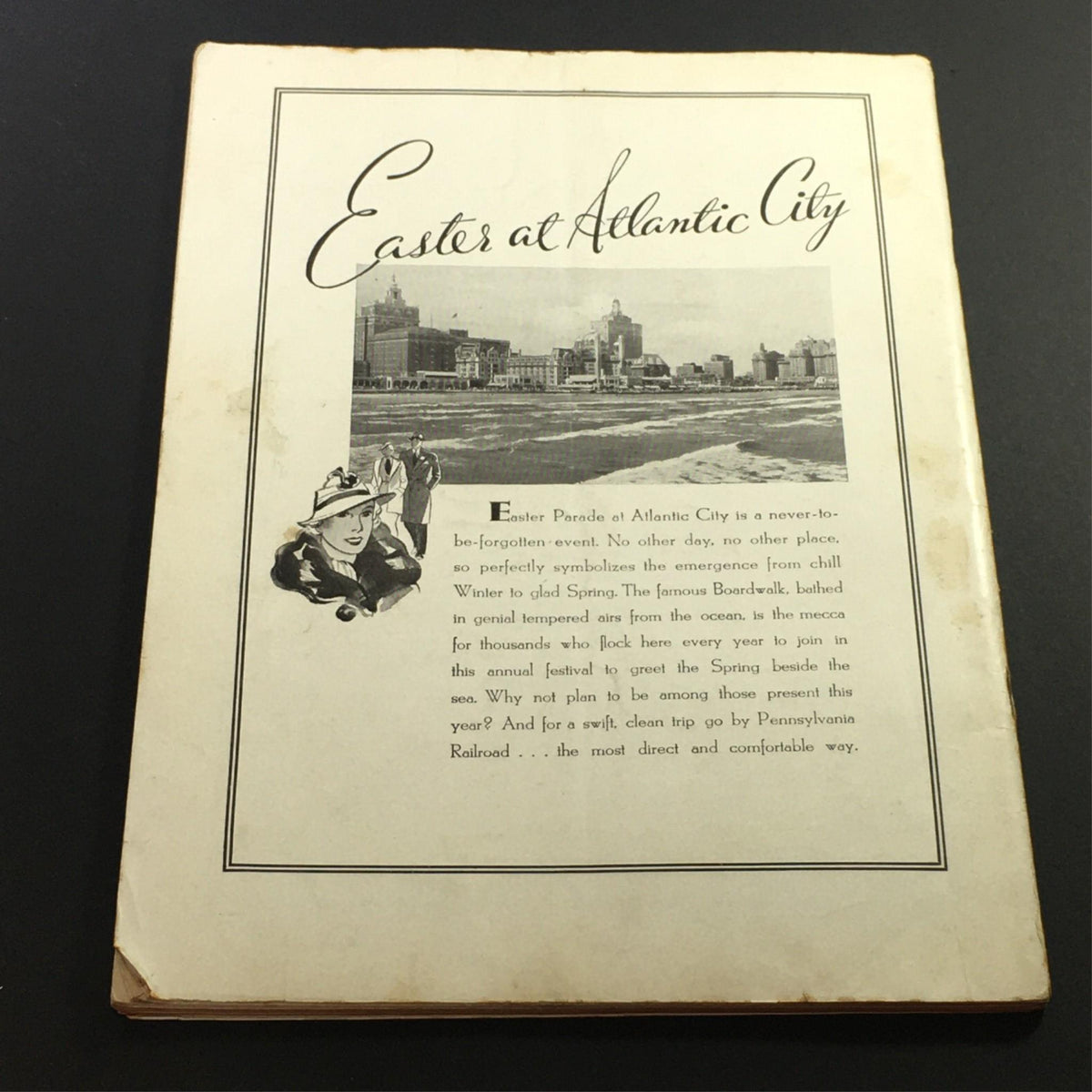 Back cover of 'VTG The Mutual Magazine April 1936' featuring promotional text 'Easter at Atlantic City' and an illustration highlighting the seaside event, emphasizing travel via Pennsylvania Railroad.
