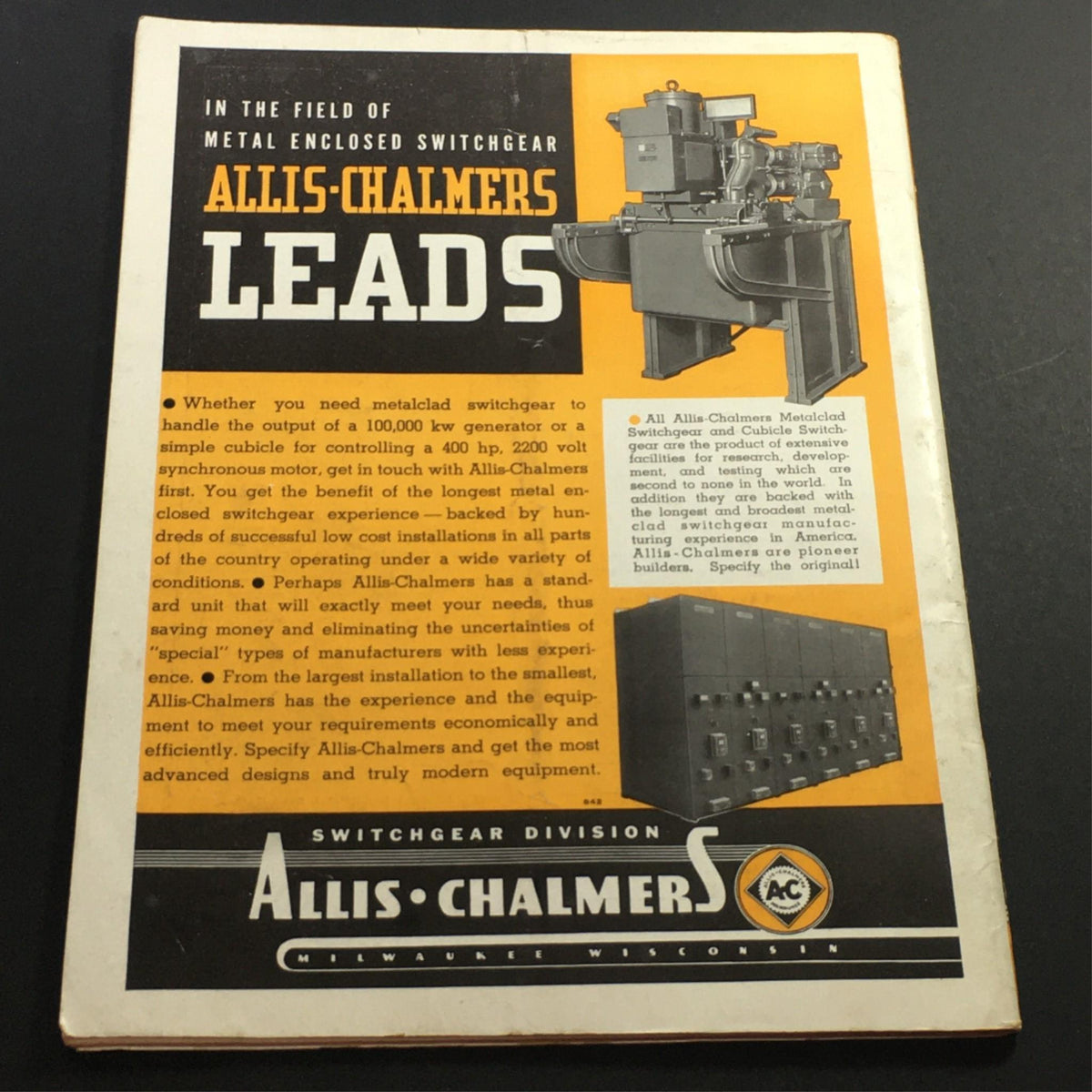 Back cover of the March 1938 VTG The Mutual Magazine, displaying an advertisement for Allis-Chalmers switchgear, emphasizing the company's expertise and offerings in electrical equipment.