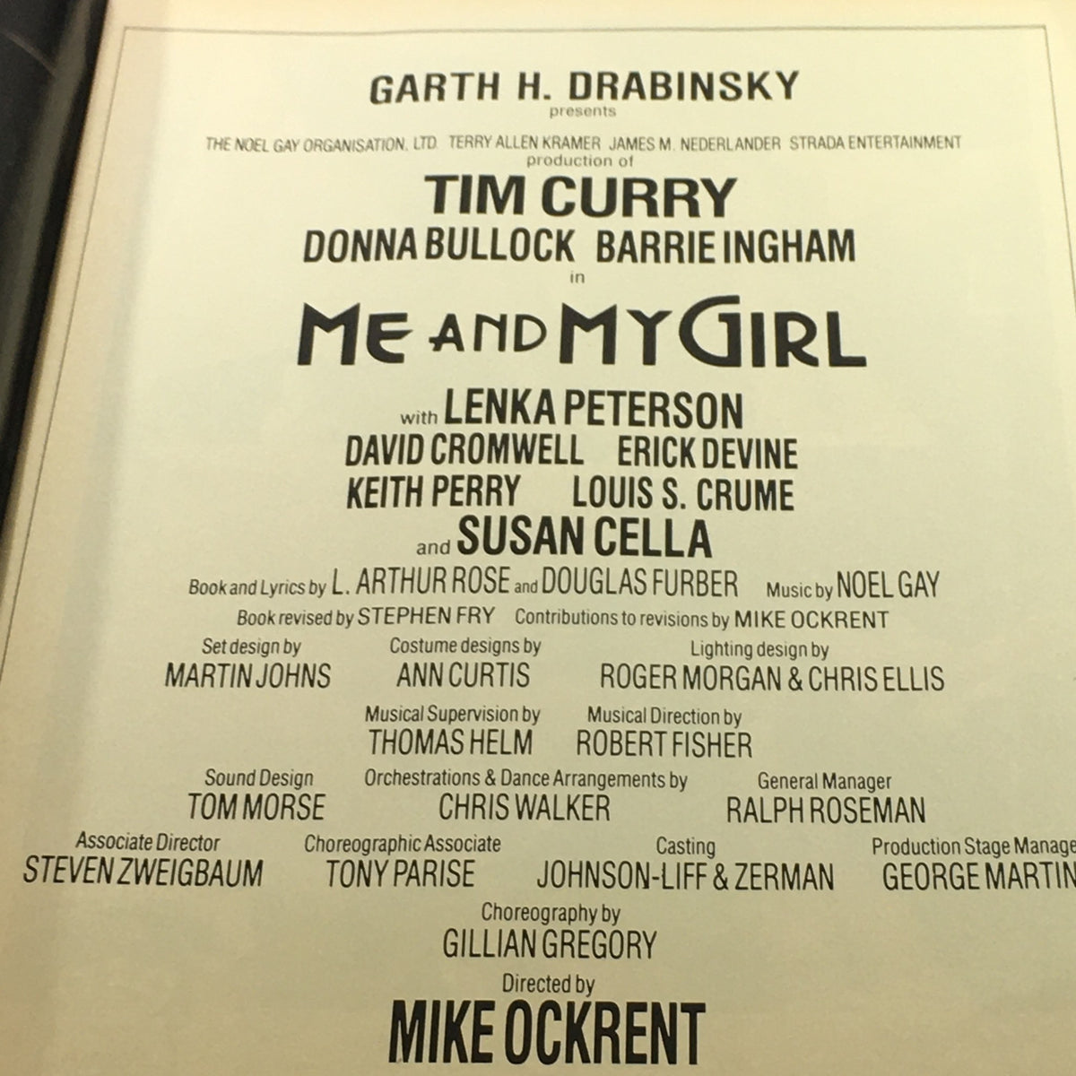 Page highlighting the cast and crew of the 'Me and My Girl' performance in the July 5-17 1988 edition of VTG Performance Theatre Magazine.