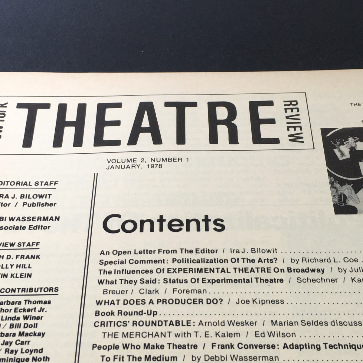 Interior page from New York Theatre Review Magazine, January 1978 showing the table of contents, outlining articles and contributors in the context of feminist perspectives in theatre.