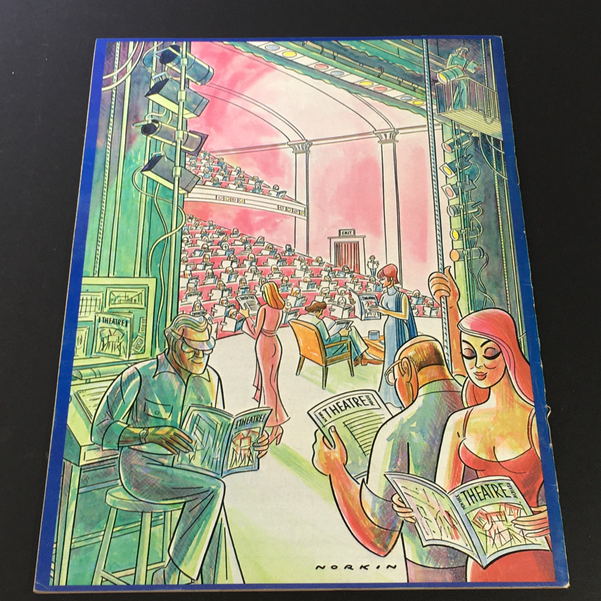 Back cover of New York Theatre Review Magazine, January 1978 depicting a colorful illustration of a theatre audience and performers, emphasizing the magazine's connection to live theatre.