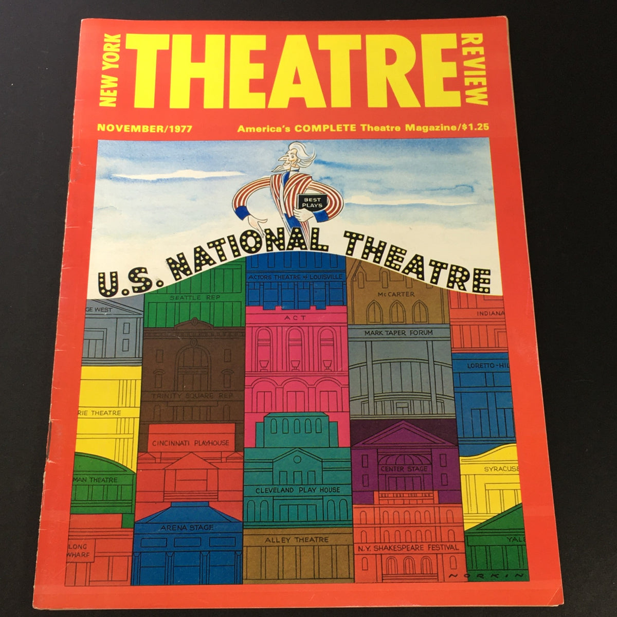 Cover of VTG New York Theatre Review Magazine from November 1977 featuring the title in bold colors and an illustration representing U.S. National Theatre.