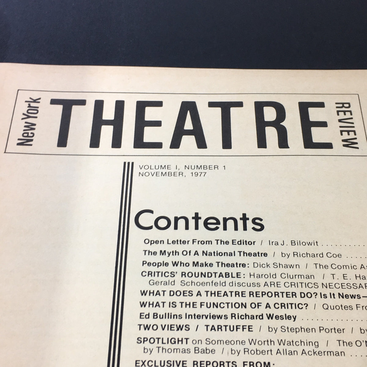Contents page of the VTG New York Theatre Review Magazine from November 1977 displaying article titles and editorial details.