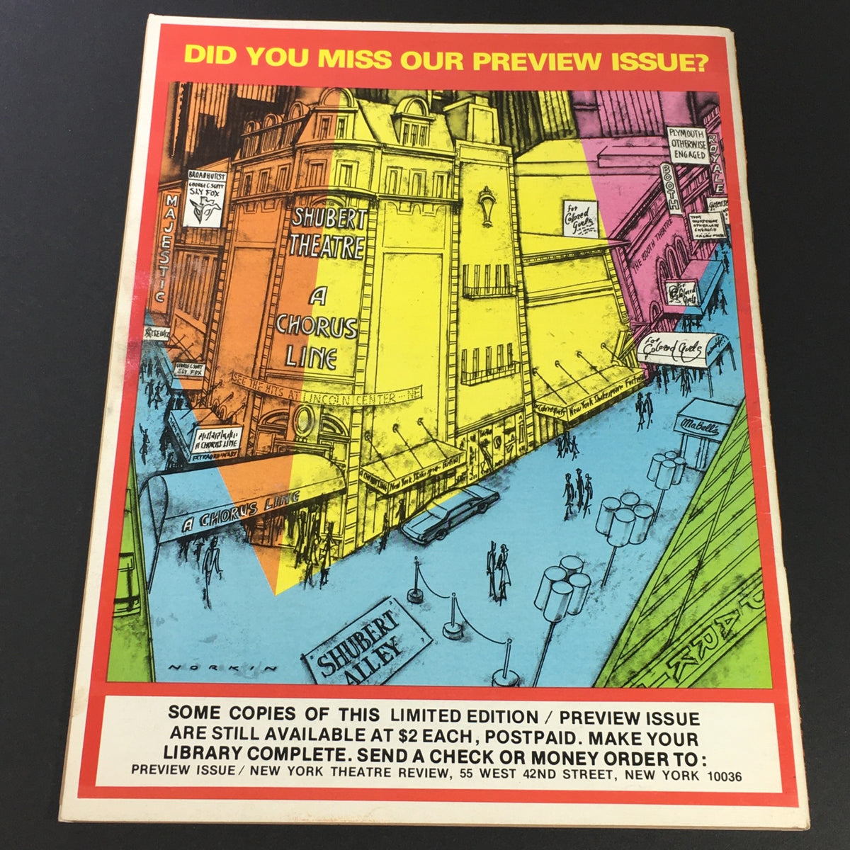 Back cover of the VTG New York Theatre Review Magazine from November 1977 promoting related theatrical content with colorful illustrations.