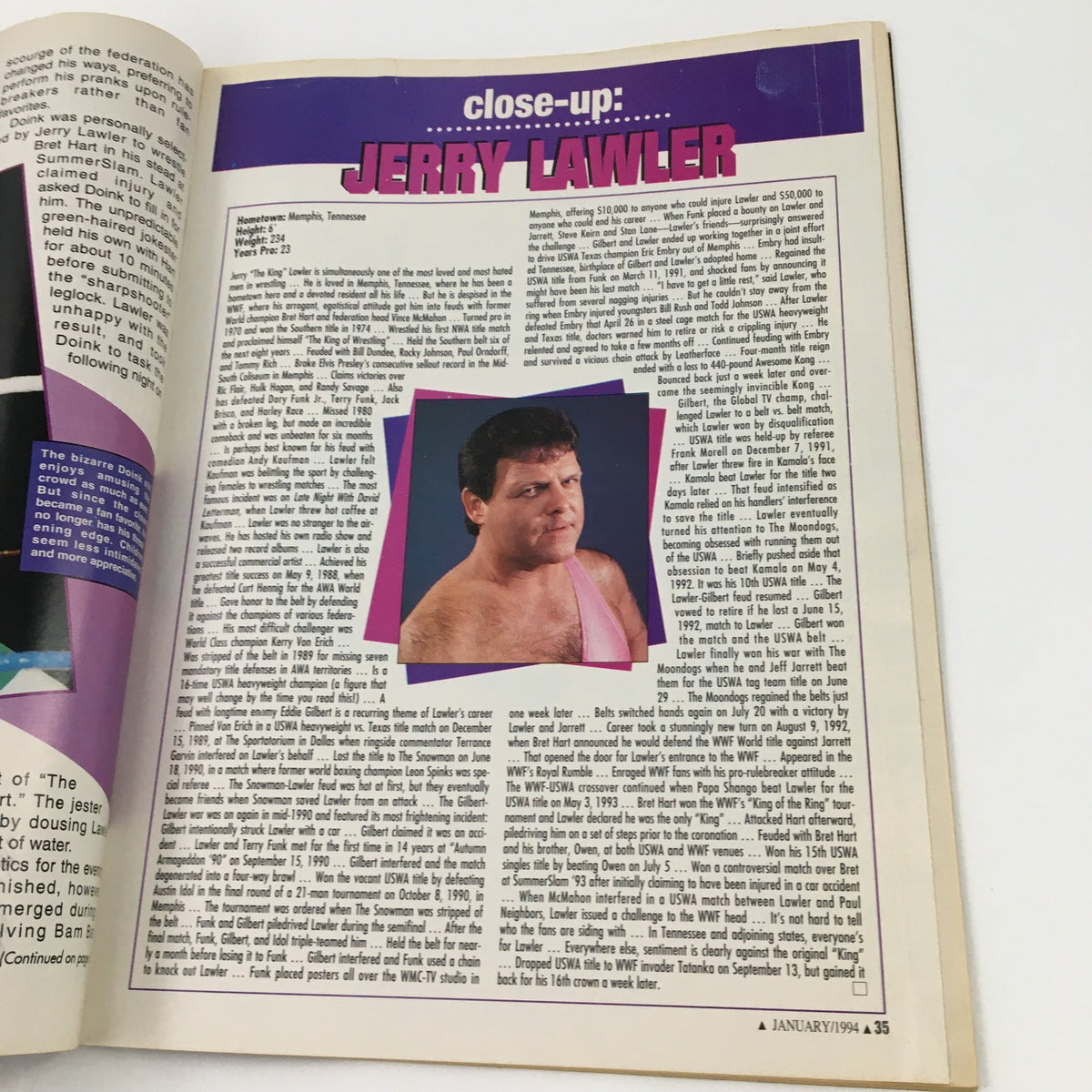 Feature article close-up in Pro Wrestling Illustrated Magazine January 1994 focusing on wrestler Jerry Lawler.