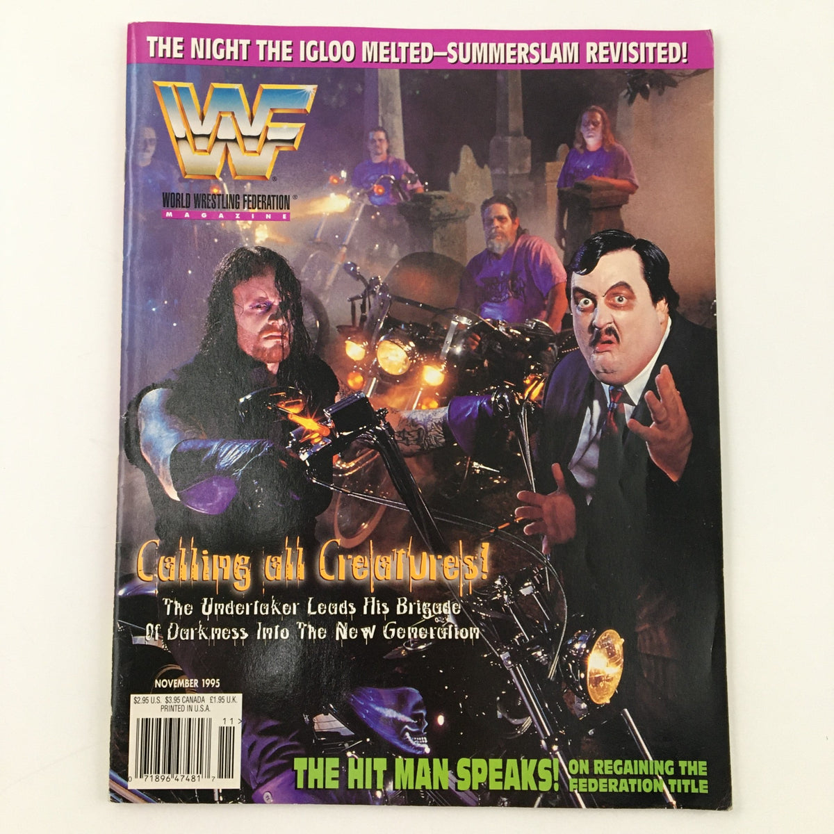 WWF Magazine November 1995 cover featuring The Undertaker and Paul Bearer, highlighting their dramatic presence and iconic wrestling themes.