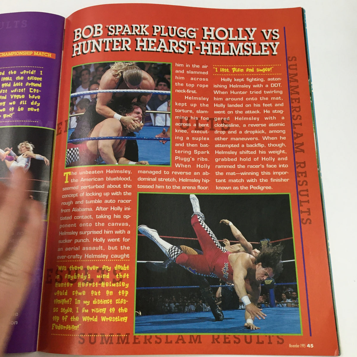 Article highlight on Bob 'Spark Plugg' Holly vs Hunter Hearst-Helmsley from WWF Magazine November 1995 with match details.