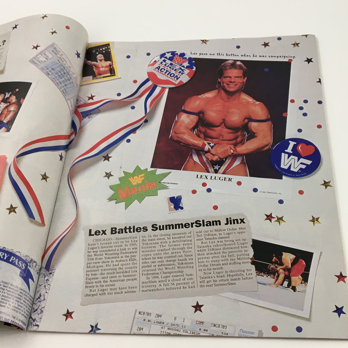 Spread from WWF Presents 1994 Bodyslams & Memories highlighting Lex Luger and his match against Jinx, featuring vibrant graphics and commentary.