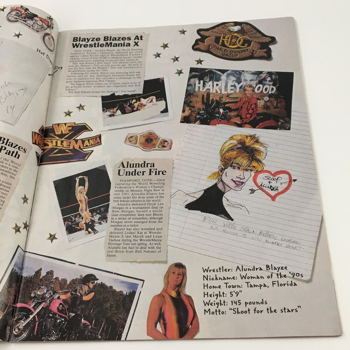 Page from WWF Presents 1994 Bodyslams & Memories showcasing Alundra Blayze and her accomplishments, emphasizing women in wrestling during the 90s.