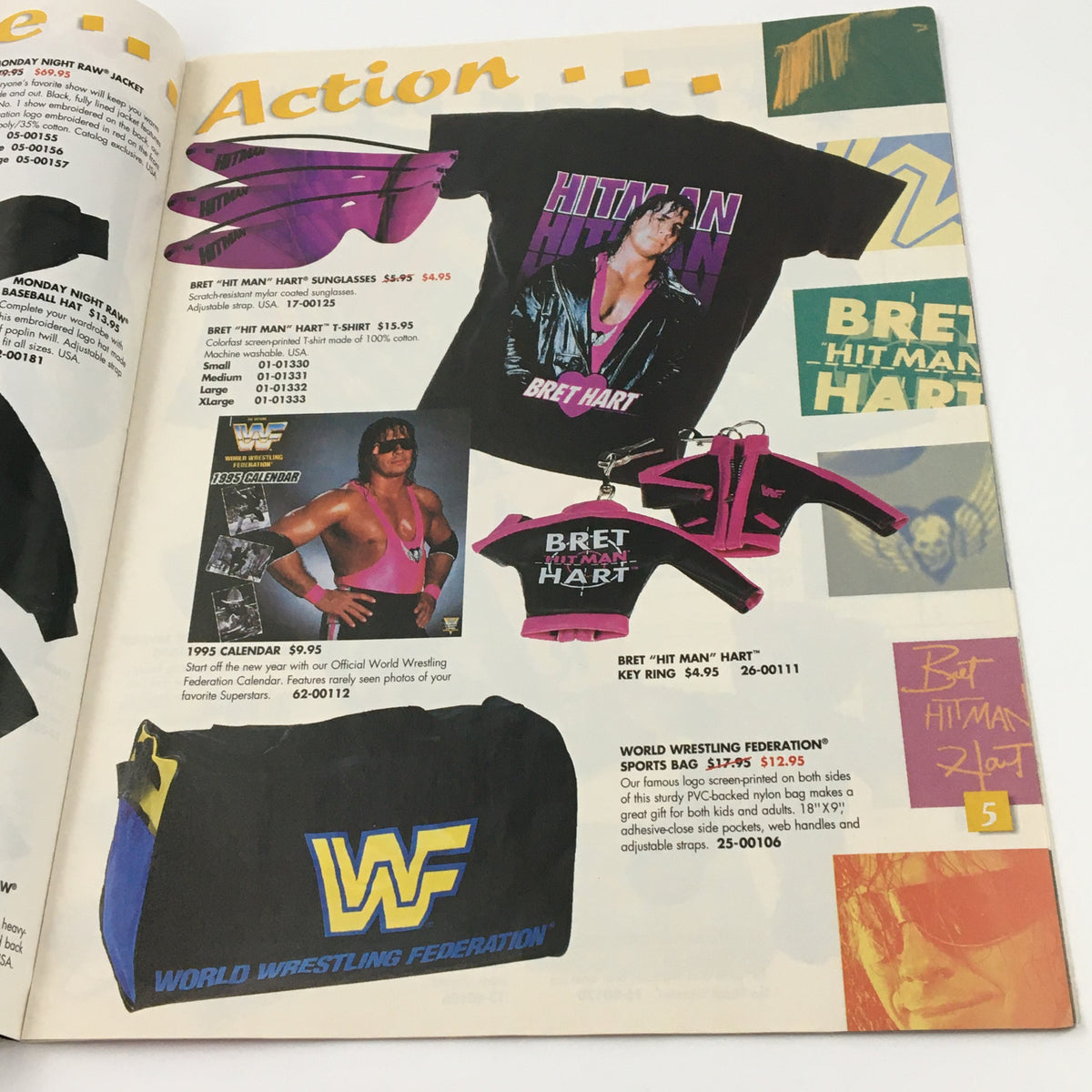 Merchandise advertisement from WWF Presents 1994 Bodyslams & Memories featuring Bret Hart apparel and collectibles for wrestling fans.