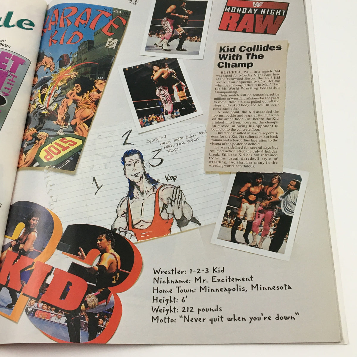 WWF Presents 1994 Bodyslams & Memories: Lex Luger Battles Jinx vintage magazine interior page showcasing the 1-2-3 Kid with illustrations and wrestling statistics.