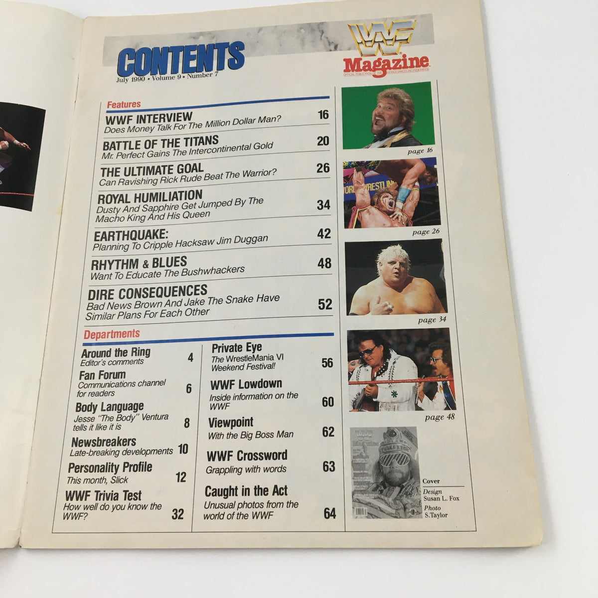 Table of contents from WWF Magazine July 1990, featuring articles about wrestling legends and events.