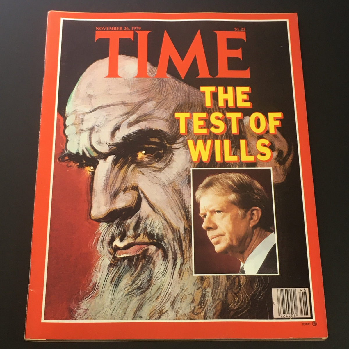 Cover of VTG Time Magazine from November 26, 1979 featuring the title 'The Test of Wills' with illustrations of Ayatullah Khomeini and Jimmy Carter, capturing a significant moment in political history.