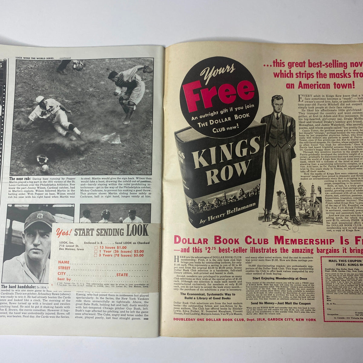 Inside spread of Look Magazine, October 7, 1941, showcasing a promotion for the Dollar Book Club alongside a baseball image and advertisement for King's Row.