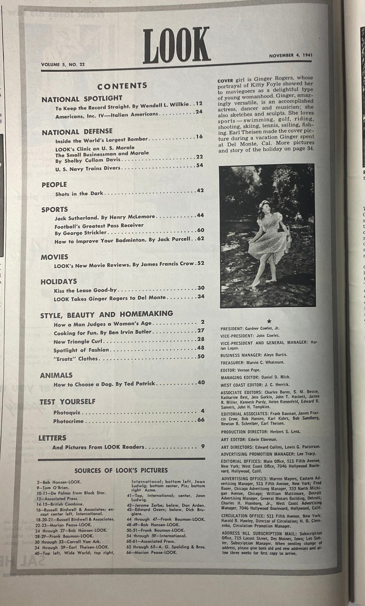 Inside page of Look Magazine, November 4, 1941, displaying the table of contents. This page includes articles covering various topics, showcasing the publication's range and emphasis on national defense and cultural insights.