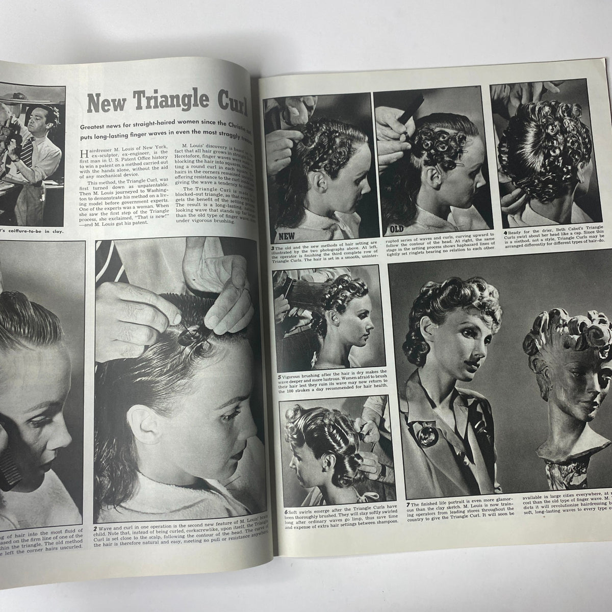 New Triangle Curl hair tutorial from Look Magazine November 4, 1941 Ginger Rogers Cover, showcasing step-by-step instructions for achieving vintage hairstyles.