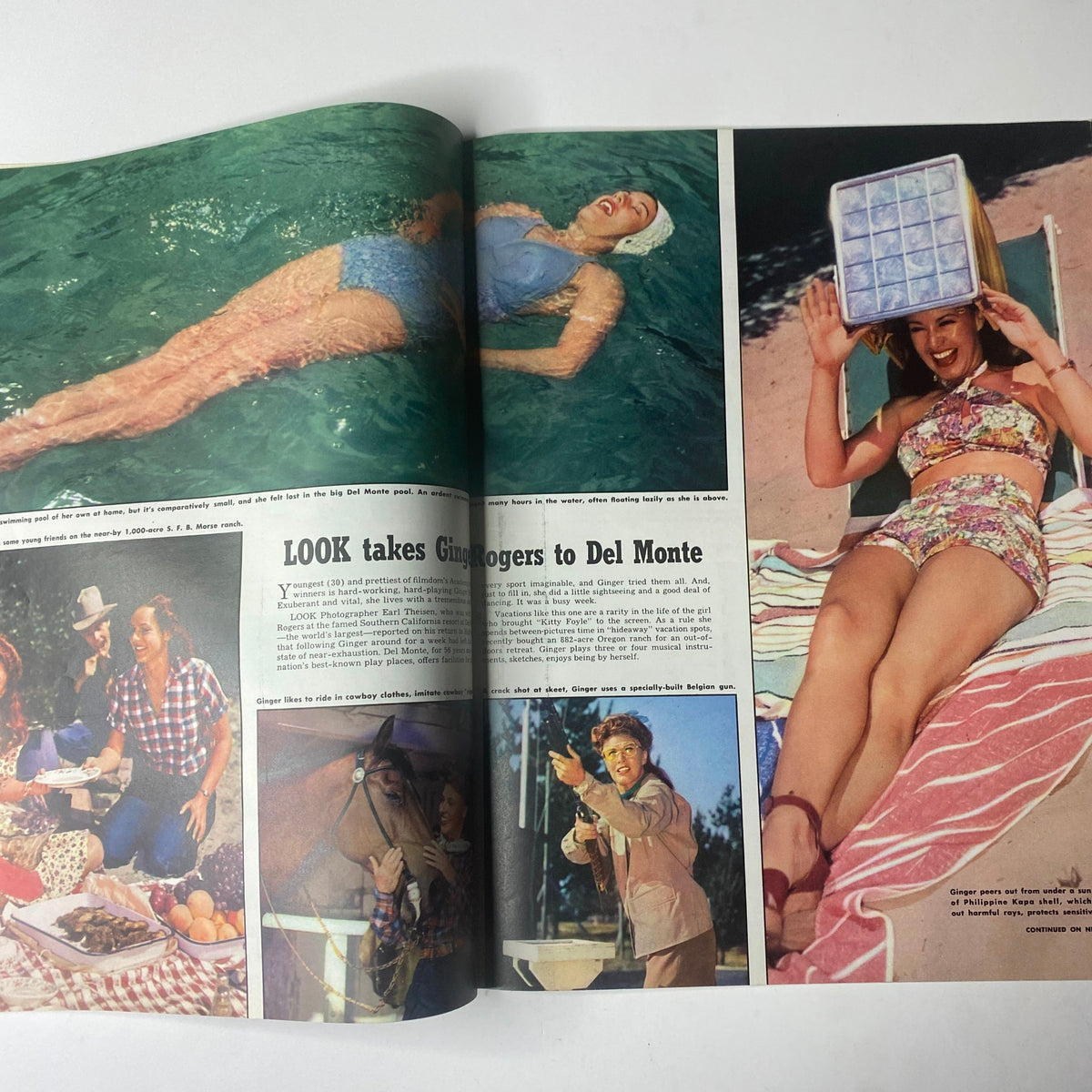 Ginger Rogers enjoying her vacation in Del Monte, California, featured in Look Magazine November 4, 1941, with images capturing her relaxing in a swimsuit.
