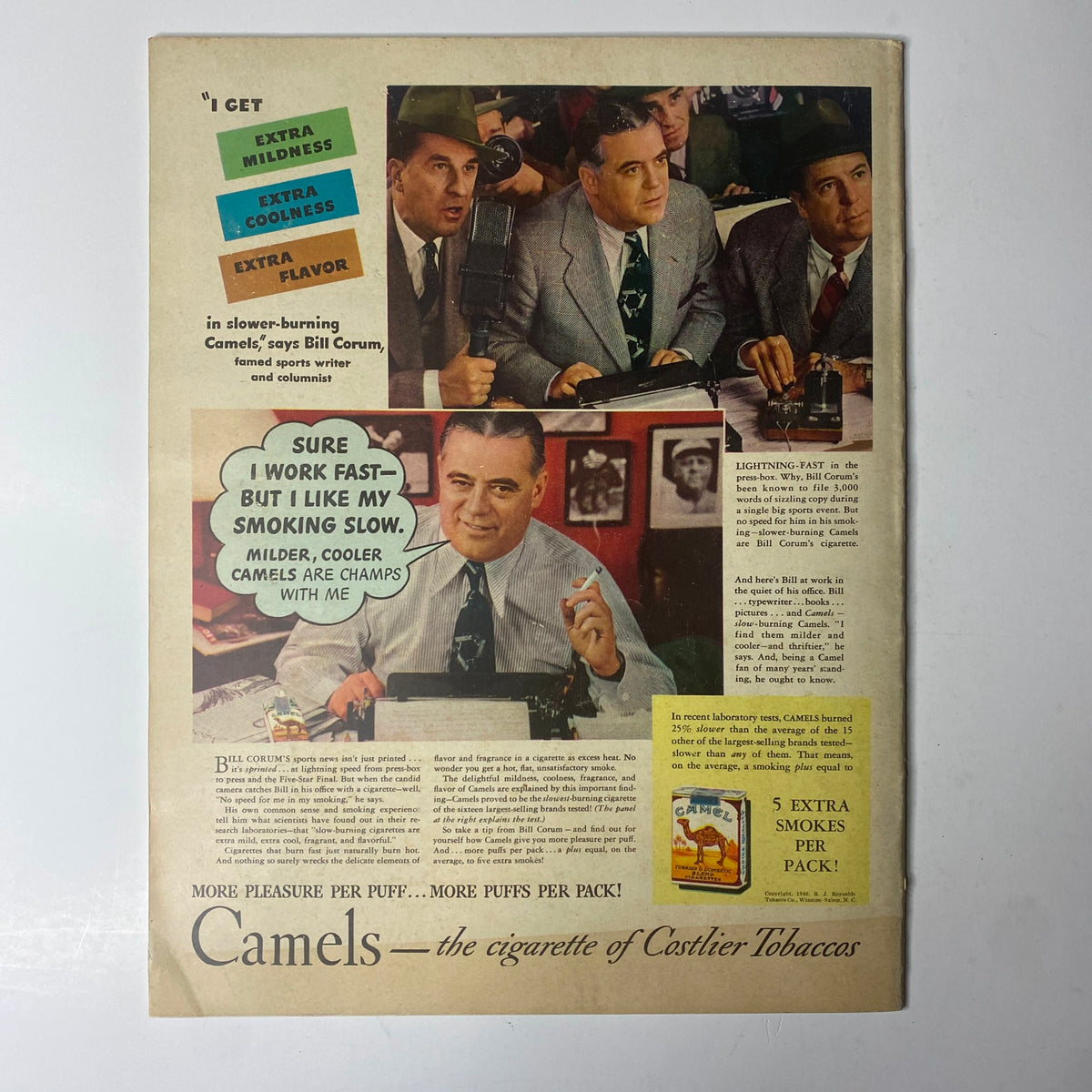Look Magazine February 27, 1940 issue advertisement for Camels cigarettes, featuring a dapper man in a suit discussing the qualities of the cigarettes, highlighting mid-20th century marketing.
