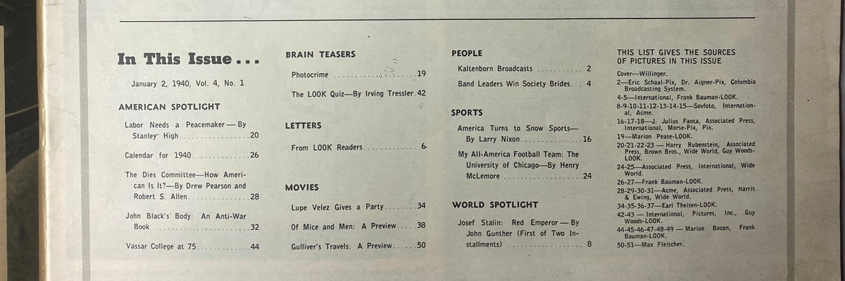 Inside page of Look Magazine, January 2, 1940, listing featured articles such as 'Labor Needs a Peacemaker' and the '1940 Calendar.' A snapshot of the magazine's content structure.