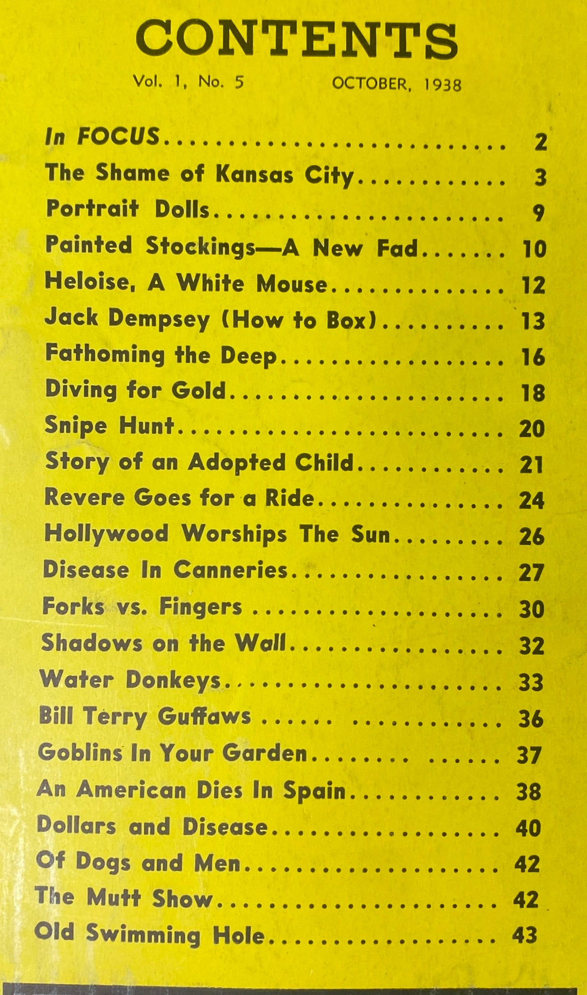 Focus Magazine October 1938, Volume 1, Number 5 table of contents detailing articles including 'The Shame of Kansas City,' 'Portrait Dolls,' and 'Hollywood Worships The Sun'.