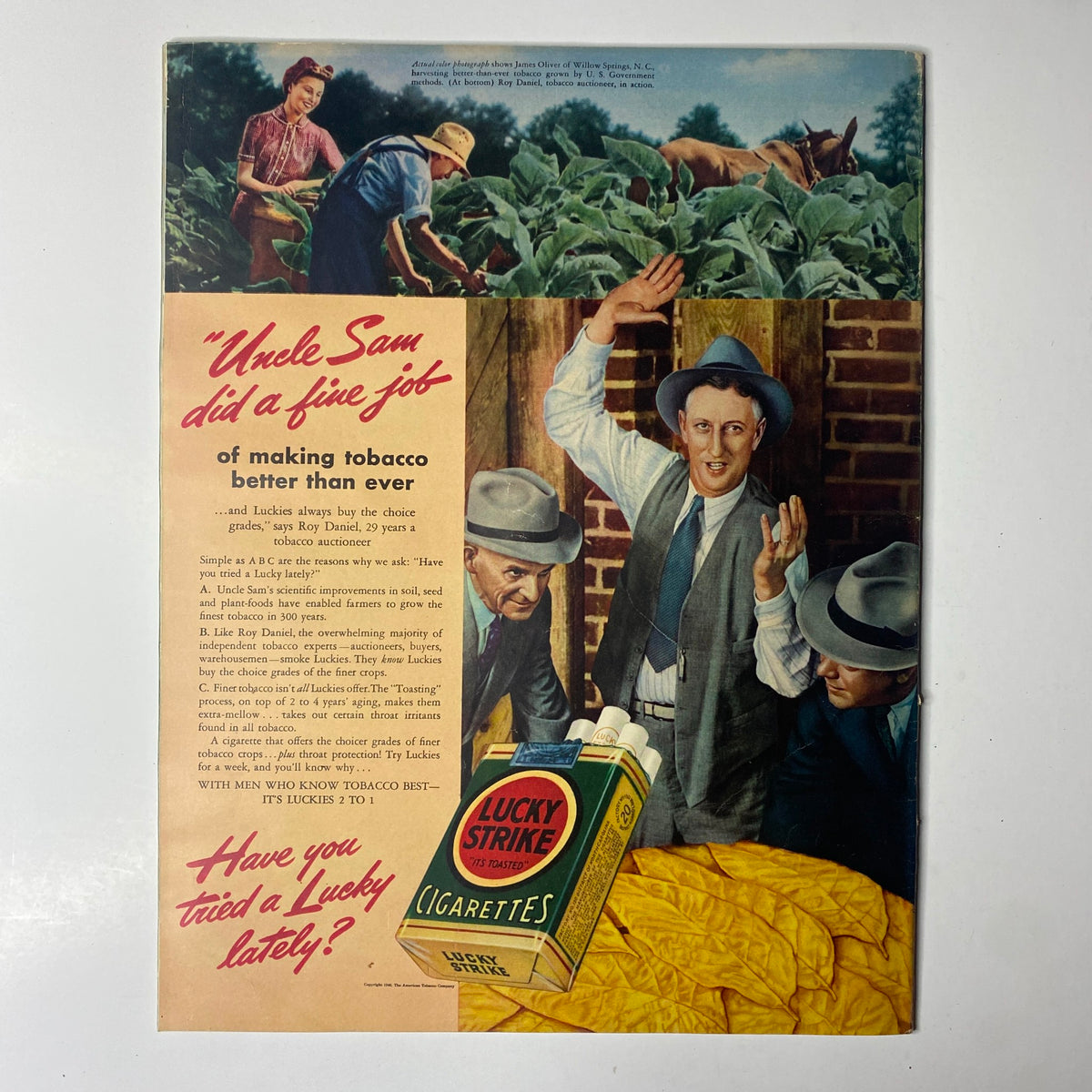 Vintage advertisement from Look Magazine May 7, 1940, promoting Lucky Strike cigarettes with a humorous depiction of a farmer and two men.