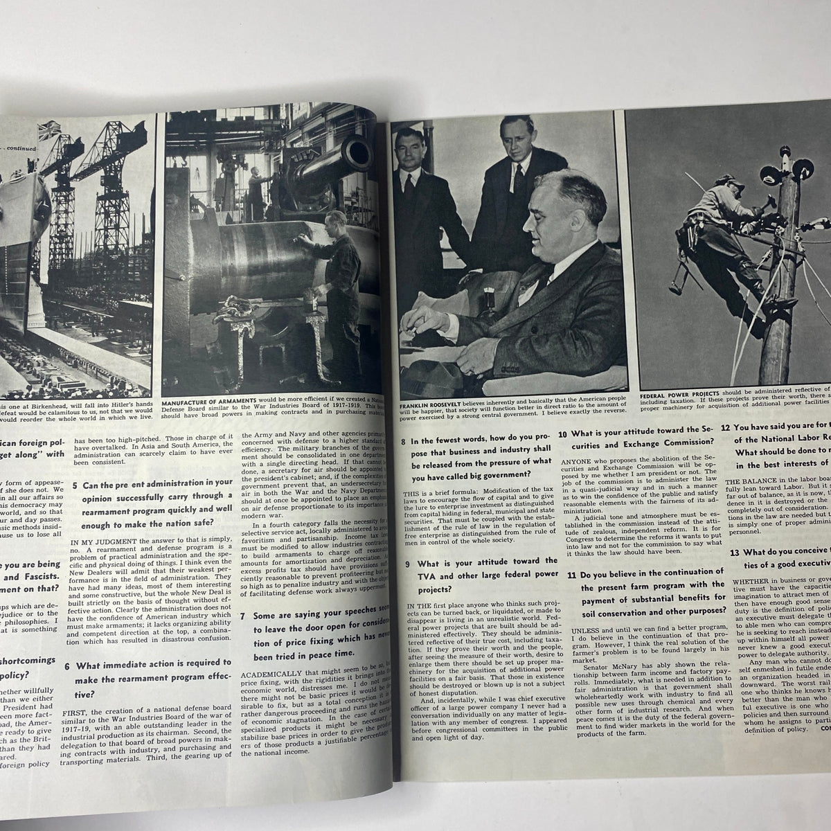 Interior pages of Look Magazine October 22, 1940, showcasing key topics discussed, including a Q&A with President Roosevelt and wartime production imagery.