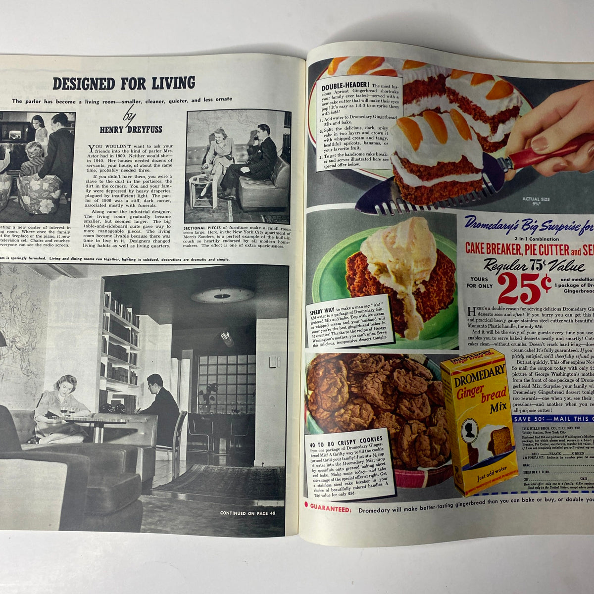 Look Magazine October 22, 1940 issue featuring a vintage advertisement titled 'Designed for Living' by Henry Dreyfuss, showcasing interior design and lifestyle, with items such as a double-header cake and other products.