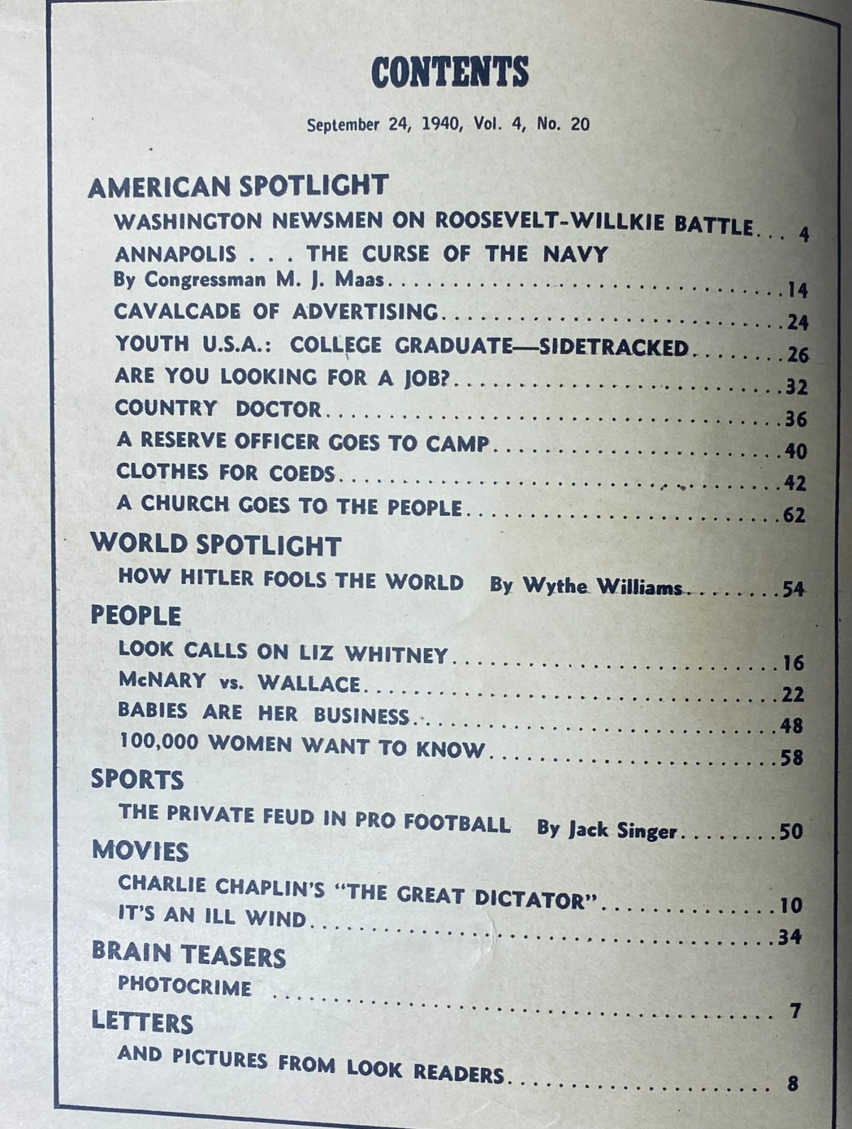 Table of contents for Look Magazine, September 24, 1940, Vol. 4, No. 20 listing articles on topics such as the Roosevelt–Willkie battle and insights into World War II.