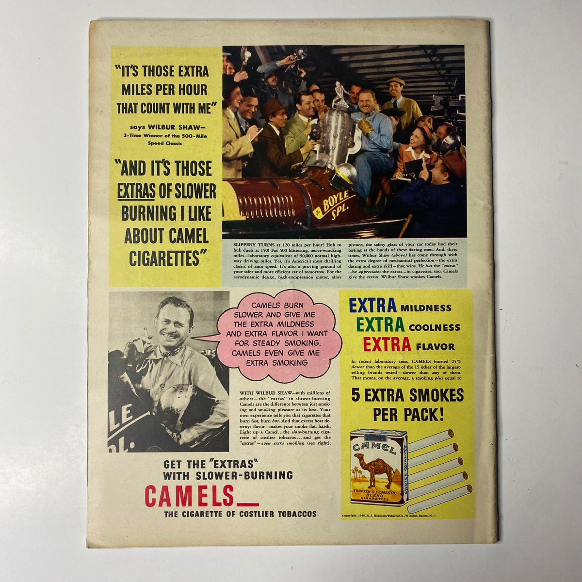 Back cover of Look Magazine September 24, 1940 featuring an advertisement for Camel cigarettes, highlighting the slogan 'It's those extras that count with me'. This issue includes a Charlie Chaplin cover and various articles.