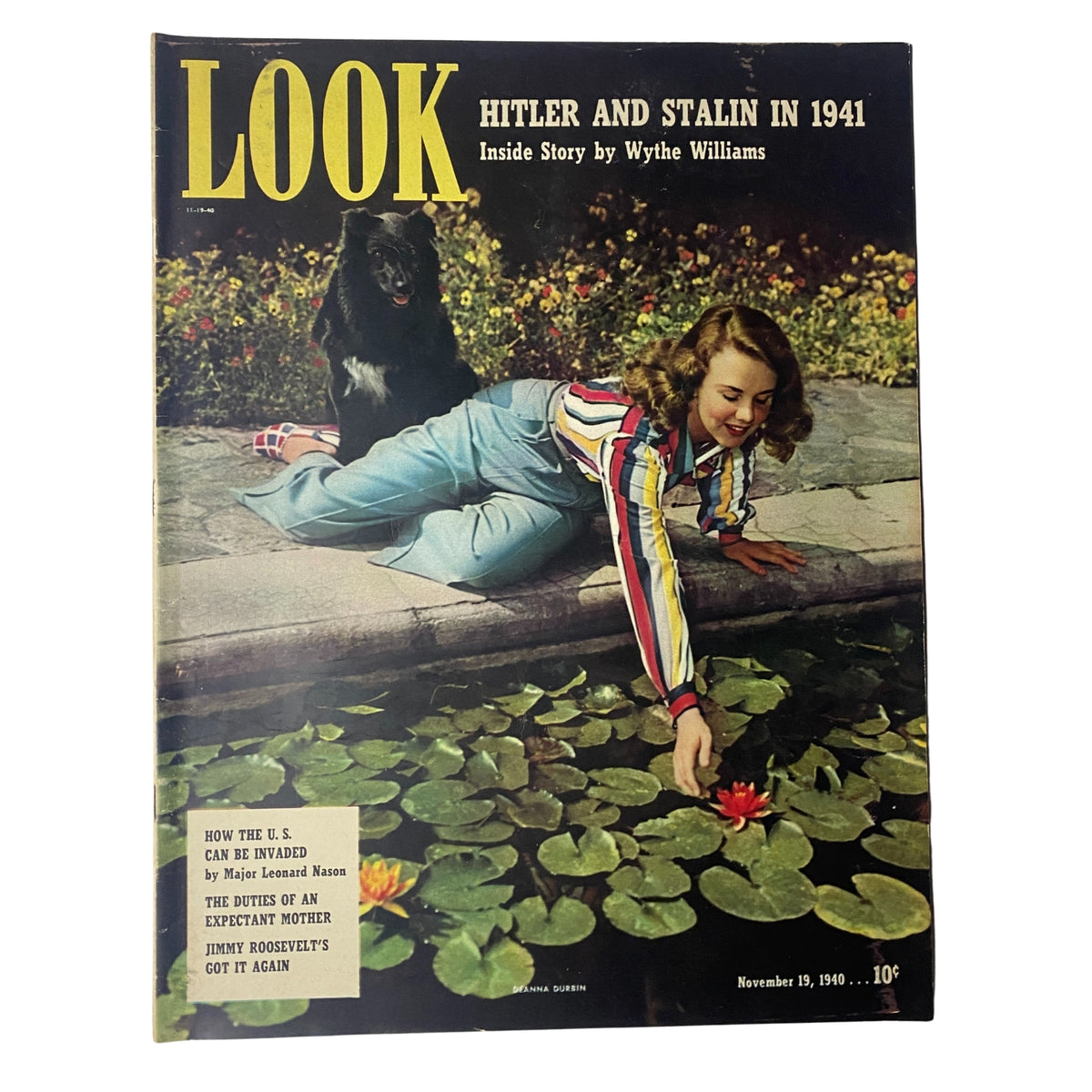 Look Magazine November 19, 1940 cover featuring Deanna Durbin, showcasing a vintage design and a picturesque setting with water lilies and vibrant colors.