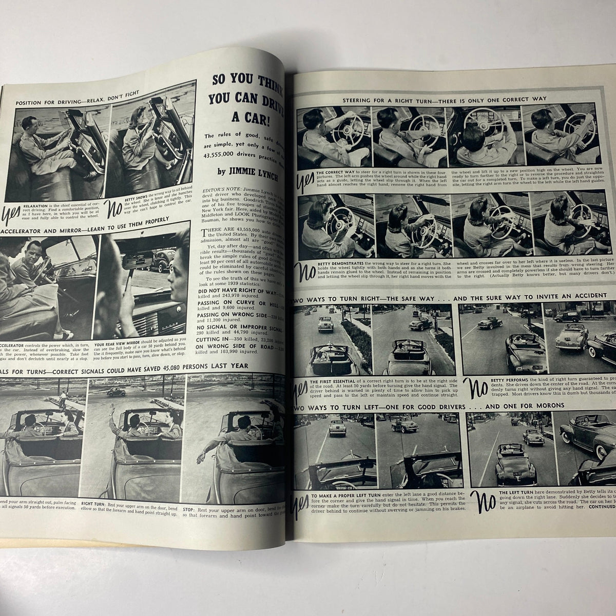 Interior page of Look Magazine, November 19, 1940, featuring an article titled 'So You Think You Can Drive a Car?' by Jimmie Lynch, with instructional images and captions.
