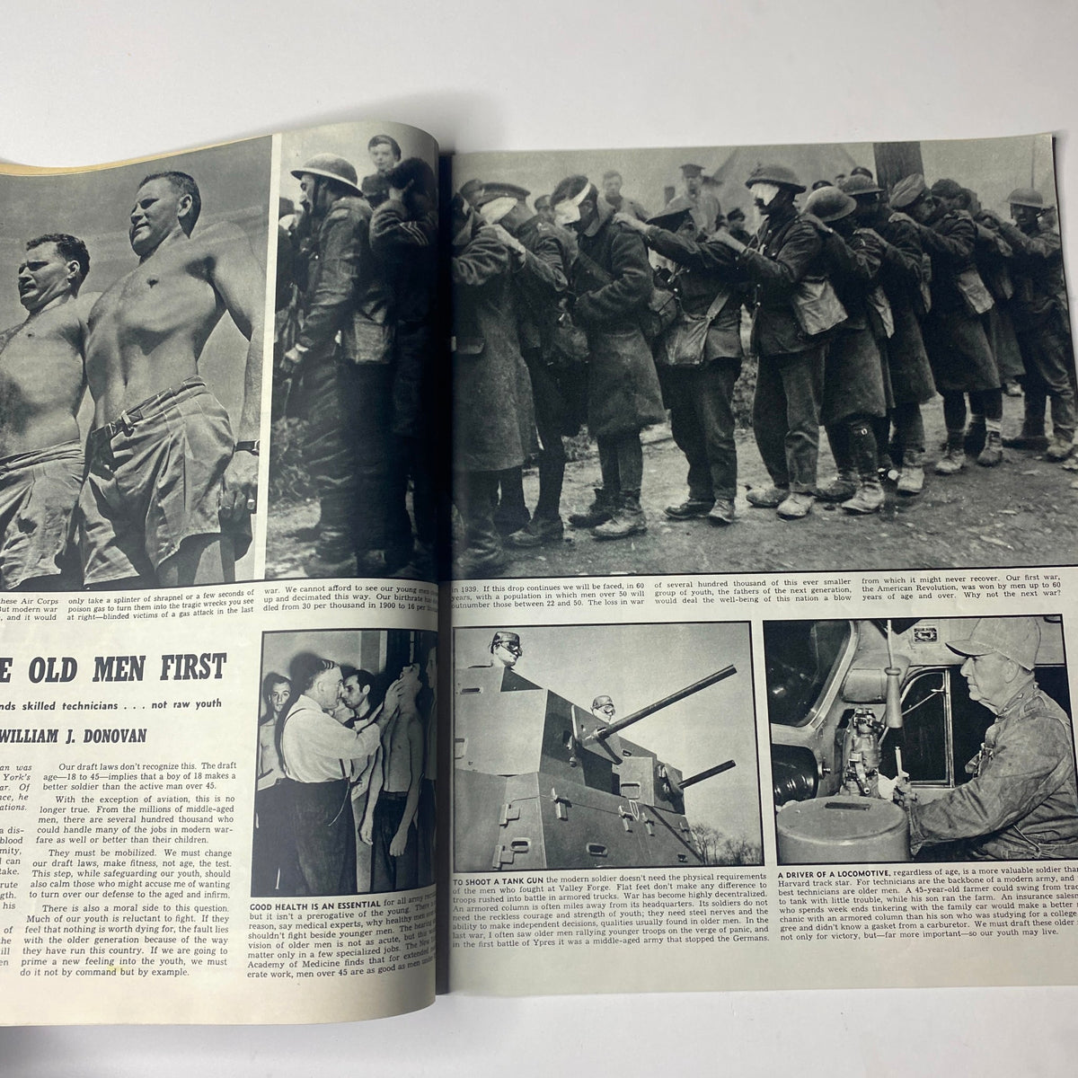 Article spread from Look Magazine July 30, 1940, highlighting 'Draft the Old Men First' by Col. William J. Donovan, with images depicting military mobilization.