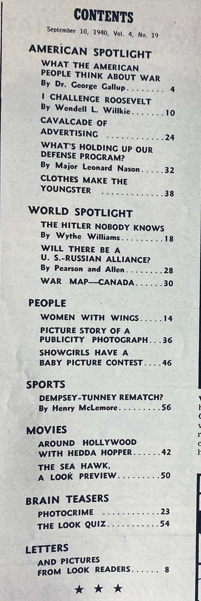 Contents page of Look Magazine September 10, 1940 detailing articles such as 'What the American People Think About War' by Dr. George Gallup and 'The Hitler Nobody Knows' by Wythe Williams.
