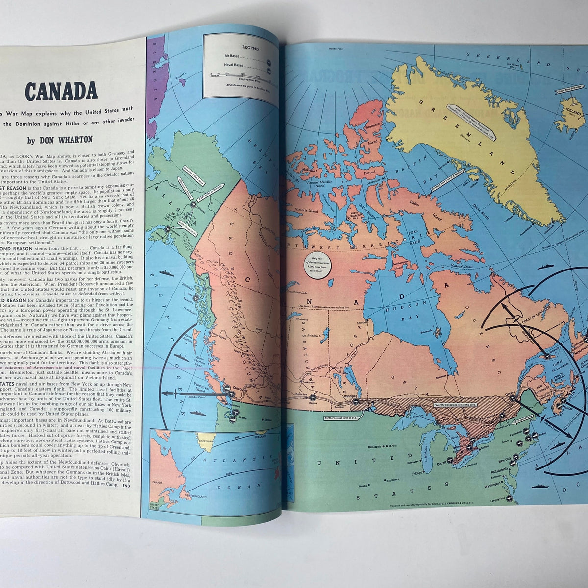 Map illustration from Look Magazine September 10, 1940 depicting Canada, showcasing strategic insights related to U.S. defense against potential threats during World War II.