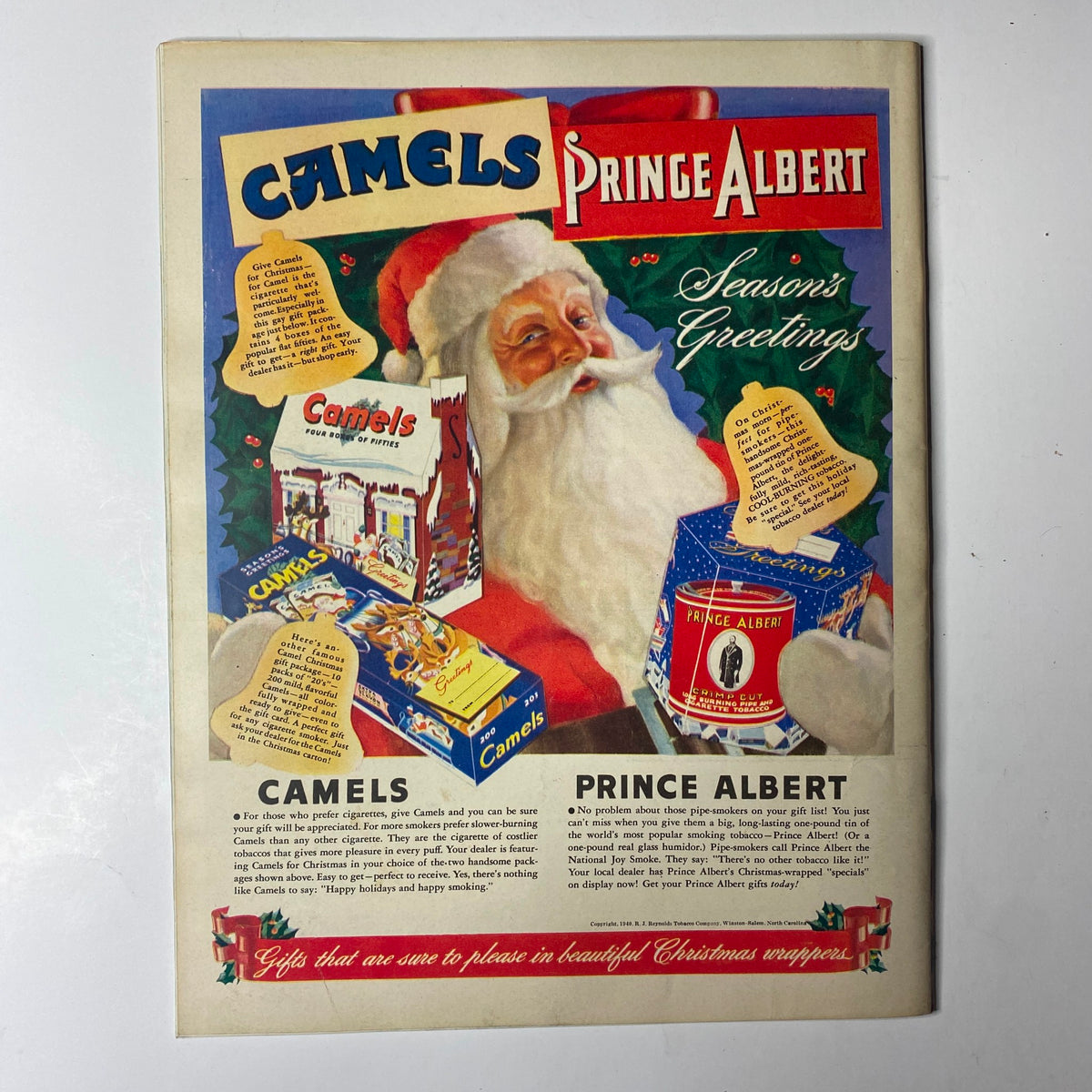 Christmas advertisement for Camels and Prince Albert tobacco featuring Santa Claus and gift items, from Look Magazine December 17, 1940.
