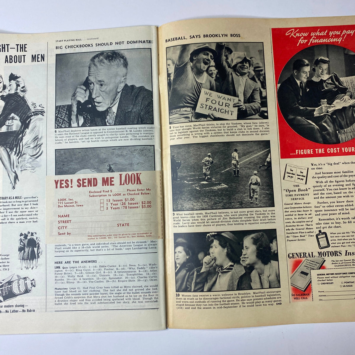 Look Magazine April 9, 1940 interior page displaying advertisements and articles, including insights on men and baseball.