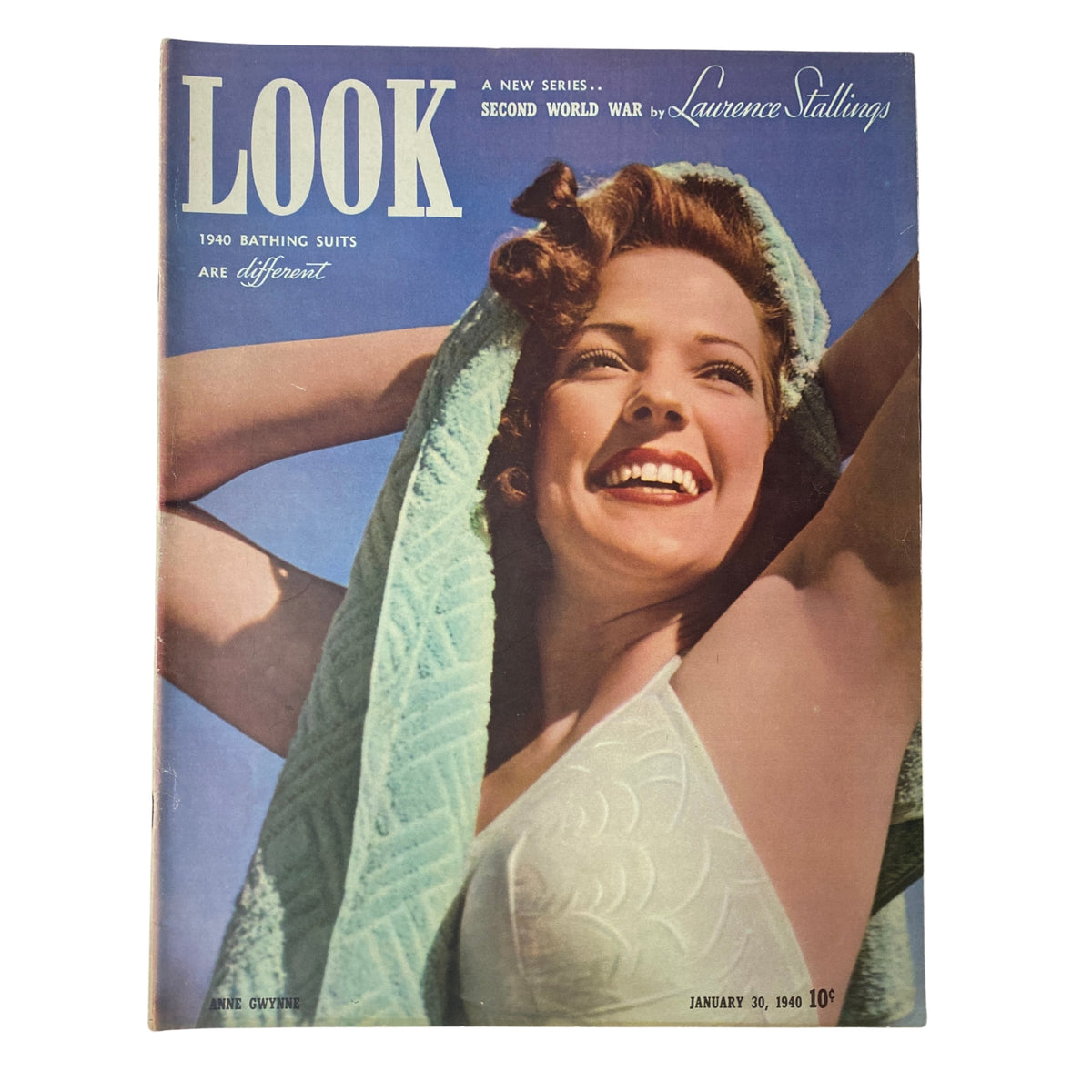 Look Magazine January 30, 1940 featuring Anne Gwynne on the cover, showcasing her youthful smile and beach attire, indicative of the fashion trends in 1940s America.