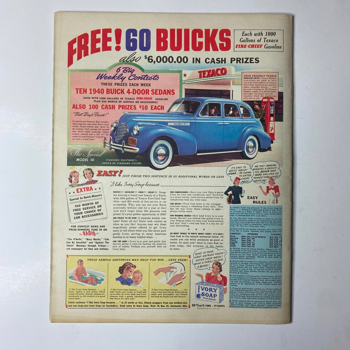 Look Magazine January 30, 1940 advertisement page featuring a blue 1940 Buick with promotional offers, highlighting vintage marketing aesthetics from the era.