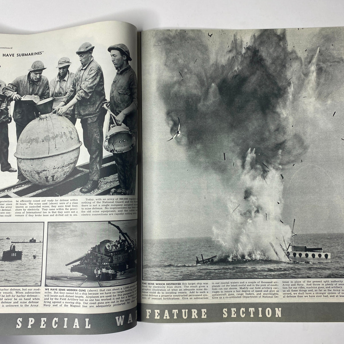 A feature section page from Look Magazine, March 26, 1940, showcasing an image of military personnel handling equipment during World War II, part of the feature on special war efforts.