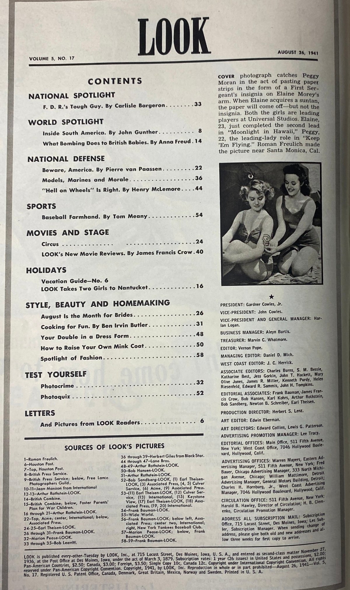 Table of contents page from Look Magazine August 26, 1941, detailing feature articles including ‘F.D.R.’s Tough Guy’, ‘Inside South America’, and lifestyle sections.