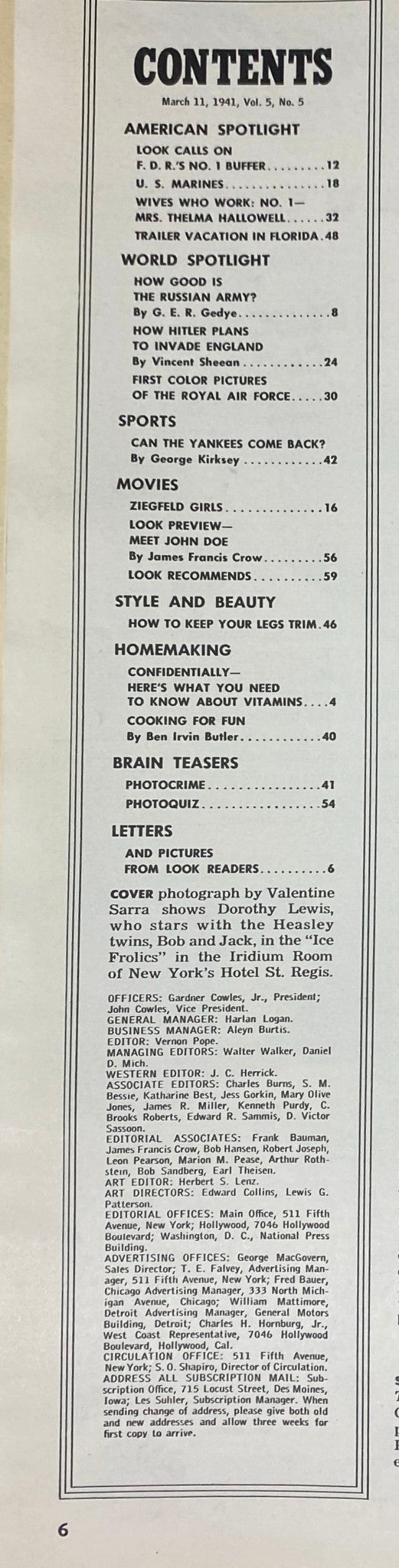 Contents page of Look Magazine March 11, 1941, outlining featured articles including 'Look Calls on F.D.R.’s No. 1 Buffer' and 'Ziegfeld Girls'.